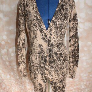 Aeuadani Women's Black Tan Print V-Neck Button-Up Angora Blend Tunic Sweater ~M~